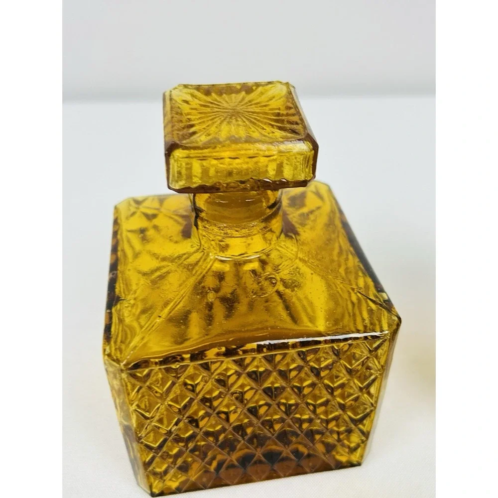 Vintage Amber Square Diamond Point Decanters Glass Stopper Shot Glass MCM Set